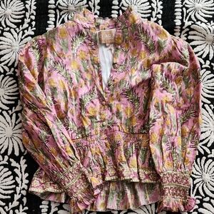 Clara Sunwoo Pink Floral Smocked Waist Peasant Top